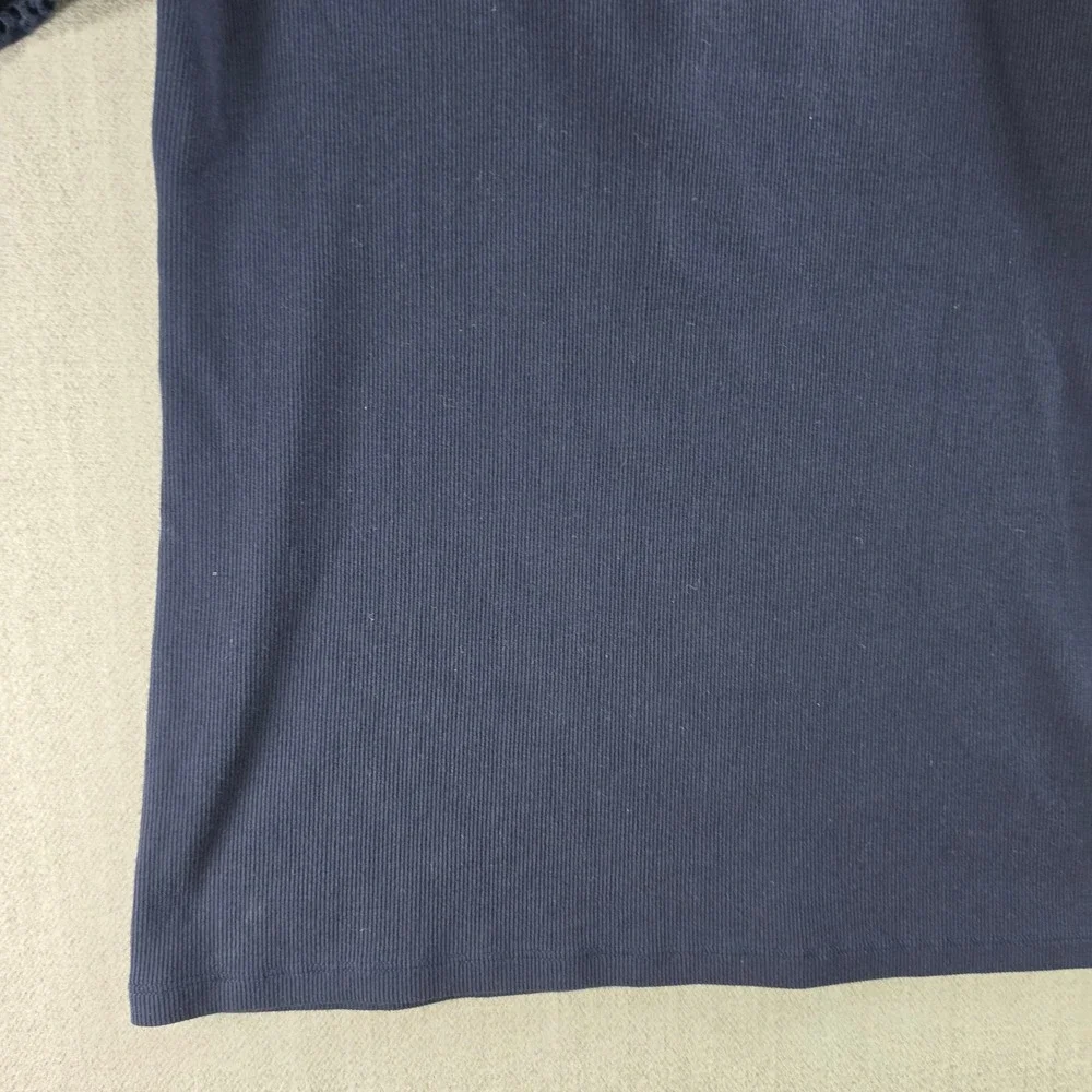 LOFT Henley Top Womens Medium Navy Blue Eyelet Lace Puff Sleeve Ribbed Knit‎